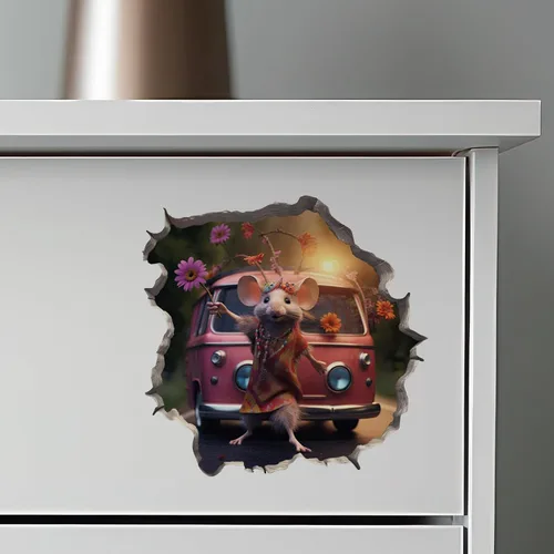 Miniatura 6 de Pegatina de pared 3D con agujero de ratón de niña hippie boho