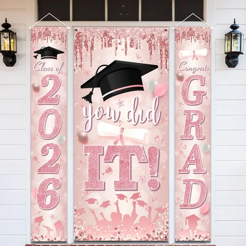 Miniatura 10 de Decoraciones de graduación negras y doradas para la clase de 2026 con texto en inglés "Congrats Grad and You Did It" para suministros de fiesta