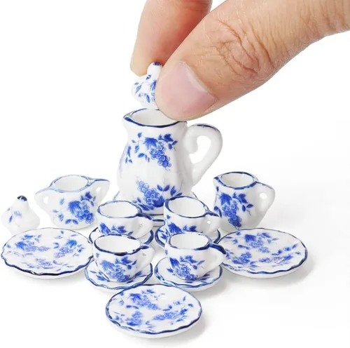 Miniatura 22 de Odoria 1:12 Miniatura 15pcs porcelana azul Chintz taza de té Set (azul)