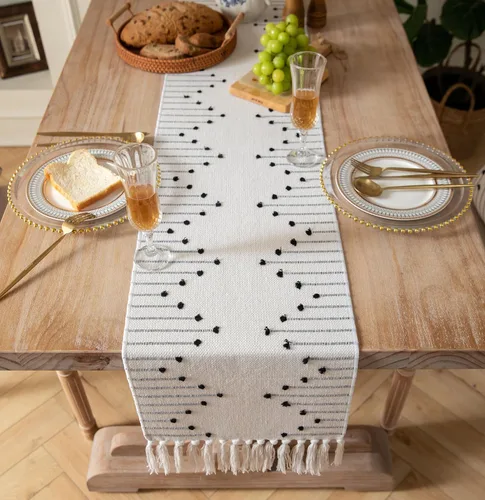 Miniatura 6 de Camino de mesa bohemio de 13 x 48 pulgadas de largo, tejido de algodón natural con borlas para decoración de mesa de comedor del hogar