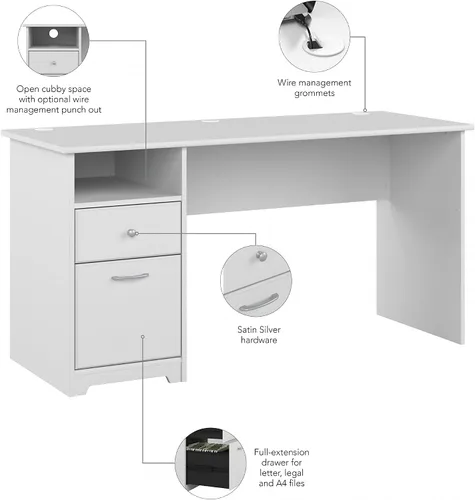 Miniatura 4 de Bush Furniture Cabot - Escritorio de oficina de 60 W para oficina en casa con almacenamiento y herrajes cromados, elegante mesa de computadora