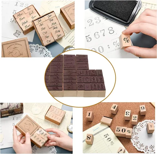 Miniatura 4 de Sellos de goma de madera vintage, 52 sellos de fecha, sellos de madera vintage para la semana y números para hacer tarjetas, pintura, enseñanza