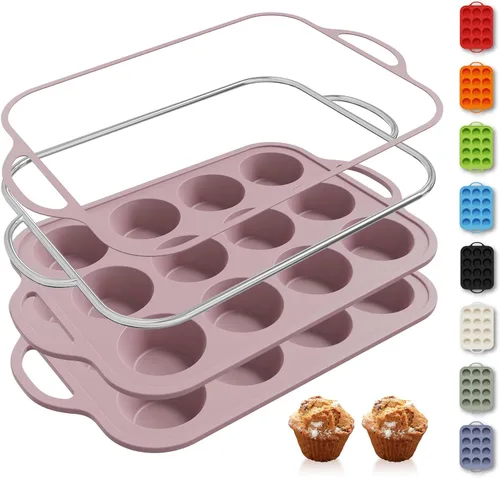 Miniatura 50 de 2 paquetes de 12 tazas de molde para magdalenas de silicona para hornear con marco reforzado de metal, molde para cupcakes de tamaño regular, Crema