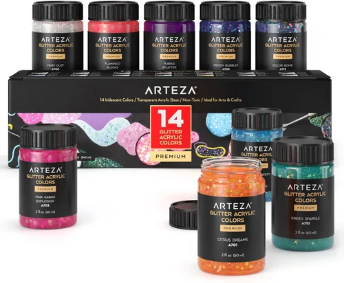 ARTEZA - Pintura acrílica con purpurina, 14 colores iridiscentes, botellas de 2 onzas, base transparente, pintura gruesa, suministros de arte para