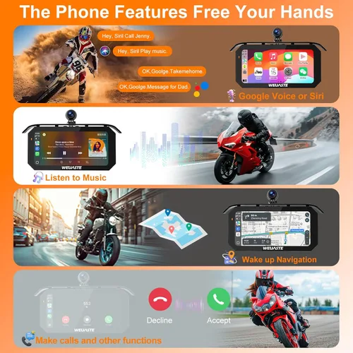 Miniatura 3 de 3PCS 1080P motocicleta Dash Cam, TPMS, 6.25" motocicleta Carplay & Android Auto Screen & HiCar, sensor de luz, grabación en bucle, controlador