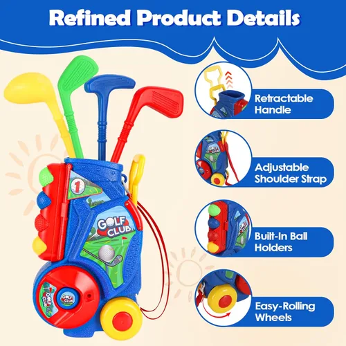 Miniatura 5 de SUPER JOY Juego de Golf para Niños Pequeños con Alfombra, Carrito de Golf para Niños con 4 Palos y 8 Pelotas, Juguetes de Golf