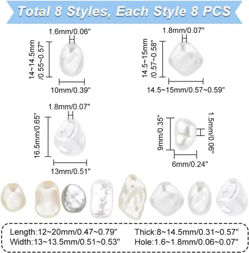 Miniatura 2 de PH PandaHall 64 cuentas de perlas de plástico ABS, 8 estilos irregulares, cuentas sueltas cultivadas naturales para bodas, collares, pulseras