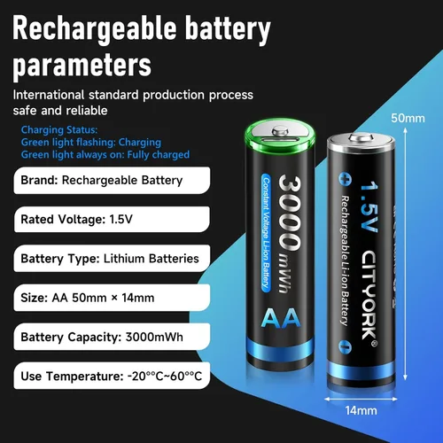 Miniatura 2 de CITYORK Baterías recargables AA de litio de 3000 mWh, paquete de 8, batería doble A recargable USB de 1.5 V