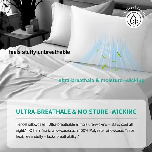 Miniatura 3 de Paquete de 2 fundas de almohada refrescantes de eucalipto Tencel tamaño King, color blanco nieve, absorben la humedad para sudores nocturnos, secado