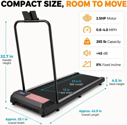 Miniatura 4 de Walking Pad with Handle Bar, 8% Incline, Compact Under Desk Treadmill 2.5HP quiet motor, 265 lb capacity, 0.6-4 MPH speed, 15 x 35.4 in belt
