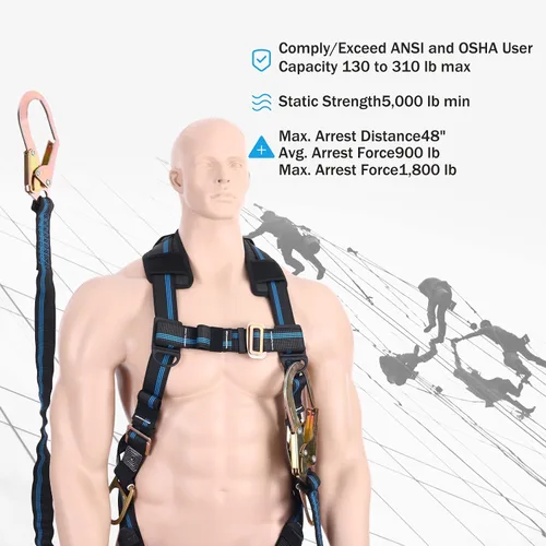 Miniatura 4 de Cordón de Arnés de Seguridad de Doble Pierna de 6 Pies, Cordón de Protección contra Caídas con Absorción de Impactos Interna Resistente a