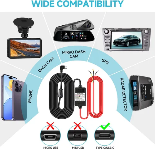 Miniatura 2 de Kit de cable duro para cámara de salpicadero, kit de cable duro para cámara tipo C de 3 conductores, kit de cable duro USB-C de 12V-24V a 5V