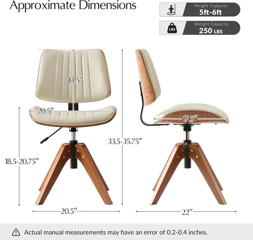Miniatura 2 de HULALA HOME Silla de oficina en casa de piel sintética con patas de madera maciza, silla de escritorio giratoria de 360°, sin ruedas con diseño