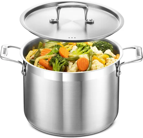 Olla de acero inoxidable con tapa de 8 cuartos, acero inoxidable 18/8 duradero, base con unión por impacto para un calentamiento uniforme, asas con