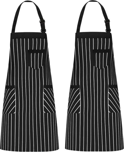 NLUS Paquete de 2 delantales de cocina para mujeres con bolsillos, delantales de babero de cocina ajustables para mujeres, hombres, chef, rayas
