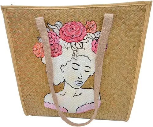 Women's Handknitting Sea Grass Tote BagGirl Flower head Summer Tote BagHand Painted Acrylic color on seagrass Handcrafted Bag