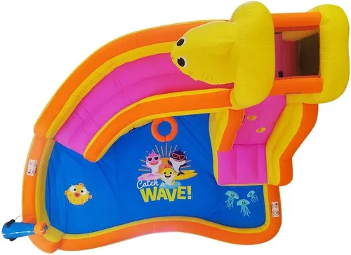 Miniatura 8 de Funormous Baby Shark - Casa de rebote con tobogán húmedo o seco, tobogán acuático inflable Pink Fong, diversión de tobogán acuático curvo