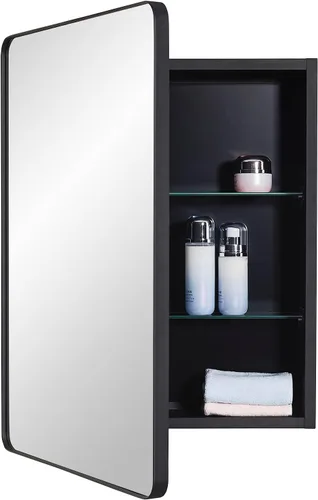 Miniatura 9 de IDYLLOR Gabinete de espejo de baño negro para medicinas con puerta con esquinas redondas y borde biselado, 15 x 25 pulgadas, montaje empotrado