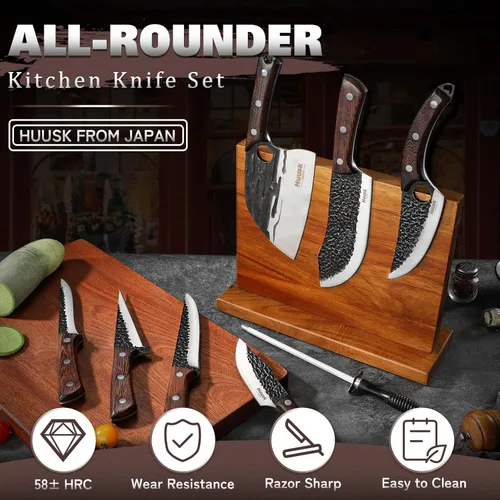 Miniatura 6 de Huusk - Juego de cuchillos de carnicero para corte de carne 10 piezas, cuchillo de chef serbio vikingo de cocina con bolsa enrollable, cuchillos