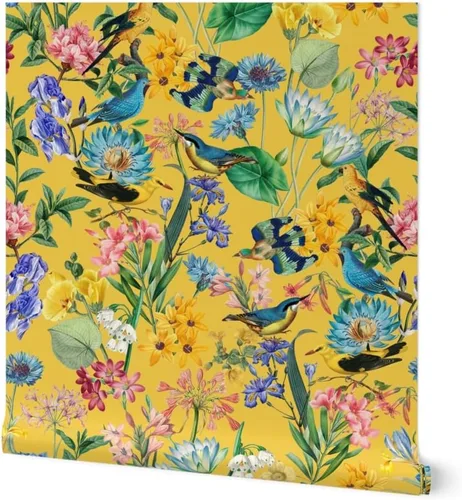 Muestro de papel tapiz extraíble, selva tropical, amarillo, dibujado a mano, botánico, pájaros tropicales, papel pintado prepegado personalizado por