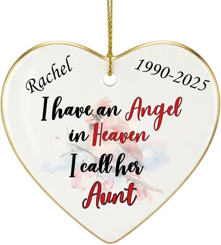 Miniatura 16 de Adorno de Navidad conmemorativo personalizado 2025 – Recuerdo de cerámica en forma de corazón – Tengo un ángel en el cielo I Call Her Primo – Regalo