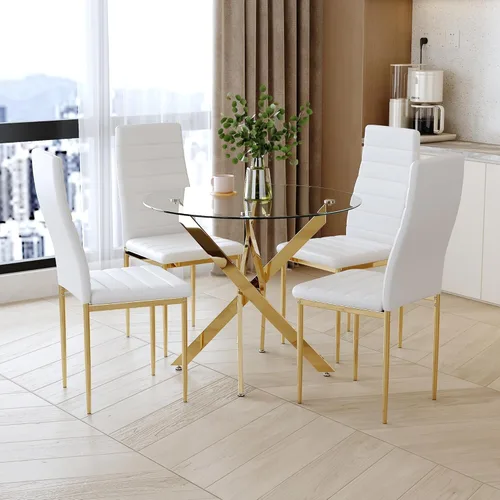 Miniatura 10 de Juego de mesa de comedor redonda de vidrio templado para 4, juego de mesa de cocina moderna de 5 piezas con 4 sillas tapizadas para cocina y comedor