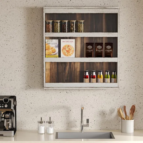 Miniatura 7 de Nisorpa Estante de especias de 3 niveles para montar en la pared, estante de especias de cocina de madera rústica quemada para colgar en la pared