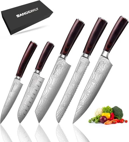 Miniatura 9 de Juego de cuchillos de cocina profesionales de acero inoxidable de alto carbono, 3 cuchillos japoneses ultra afilados con funda, mango ergonómico