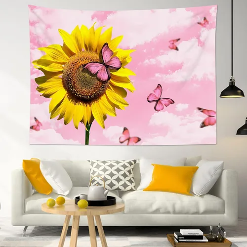 Miniatura 21 de LB Tapiz de nube rosa para colgar en la pared, cielo azul y fantasía, nube pastel, paisaje natural, tapiz de pared para dormitorio, arte de pared