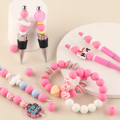 Miniatura 3 de Sunrony 70 cuentas de silicona para hacer collares, cuentas redondas de silicona a granel de 0.591 in para bolígrafos (rosa)
