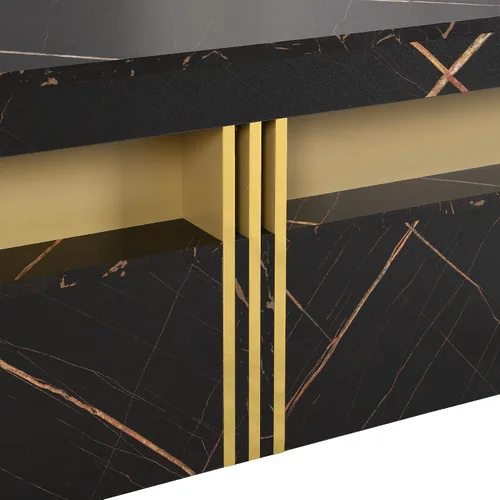 Miniatura 7 de SSLine Moderna mesa de centro cuadrada de color negro y dorado, mesa de centro de cóctel de mármol sintético de lujo con 4 cajones
