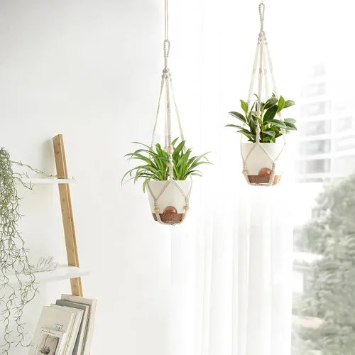 Miniatura 3 de Mkono Macetas colgantes de 6.5 pulgadas, colgadores de macramé con macetas de riego automático para interiores, juego de 2 cestas colgantes