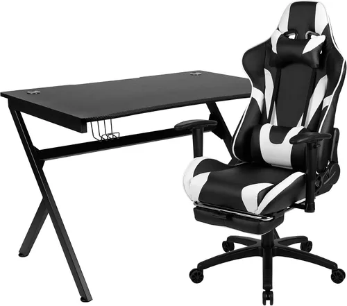Miniatura 65 de Flash Furniture Juego de escritorio para juegos negro y silla de carreras blanco/negro con soporte para tazas, gancho para auriculares y soporte