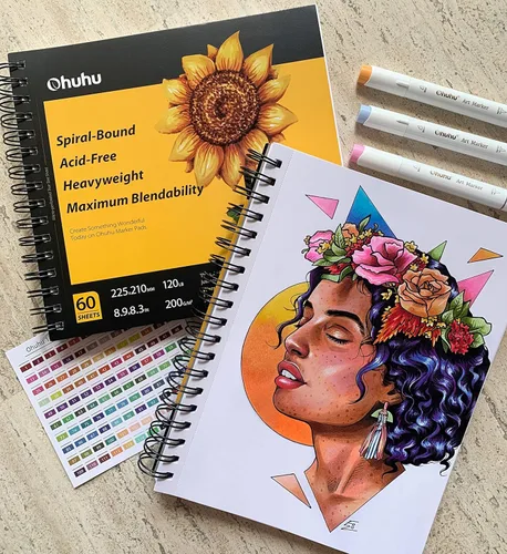 Miniatura 6 de Ohuhu Cuadernos de marcadores de arte, tamaño de papel grande de 19 x 25 cm, hojas de dibujo lisas y pesadas de 120 lb/200 g/m², 60 hojas/120