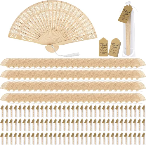 Aodaer Abanico plegable de madera de sándalo, 100 piezas, ventilador chino vintage calado con borla blanca, bolsa de organza y tarjetas de