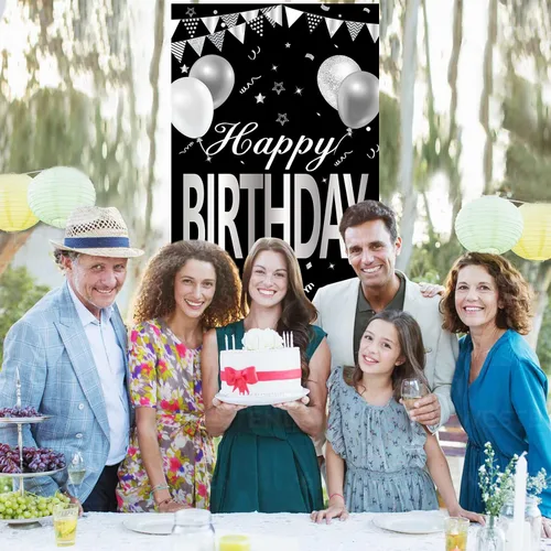 Miniatura 5 de Cartel de feliz cumpleaños negro y blanco plateado para hombres y mujeres, cubierta de puerta de feliz cumpleaños, suministros de fiesta, póster