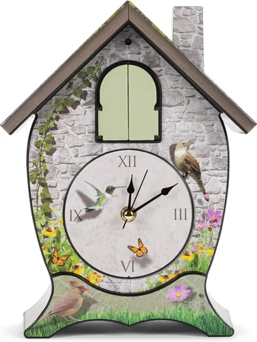 Miniatura 3 de Mark Feldstein Garden Cottage Singing Cardinal - Reloj de cuco con sonido de pared, 14 x 10