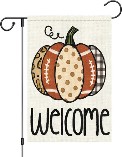 Louise Maelys Bandera de bienvenida de otoño de 12 x 18 pulgadas, doble cara, pequeña arpillera de otoño, calabaza, fútbol, jardín, otoño, Acción de