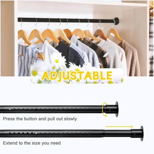 Miniatura 4 de Barra de armario ajustable de 17 a 82 pulgadas para colgar ropa, barra de metal negro para colgar ropa