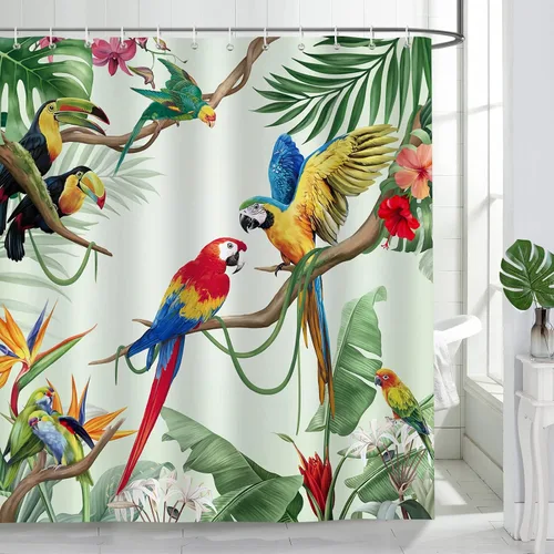 Miniatura 8 de Bonhause Cortina de ducha de colibríes, hojas de palmera tropicales verdes, decoración de baño, 72 x 72 pulgadas, tela de poliéster impermeable