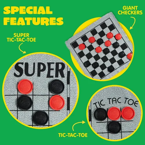 Miniatura 4 de Damas gigantes vintage 3 en 1, tres en raya, con tapete reversible, 24 fichas, juego de mesa familiar, juego de césped, recuerdo de fiesta