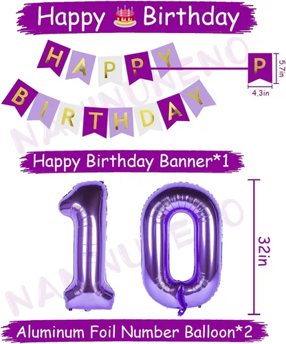 Miniatura 5 de Decoraciones de cumpleaños número 10 para niñas, globos morados de feliz cumpleaños, pancarta, globos de números, serpentinas de estrellas