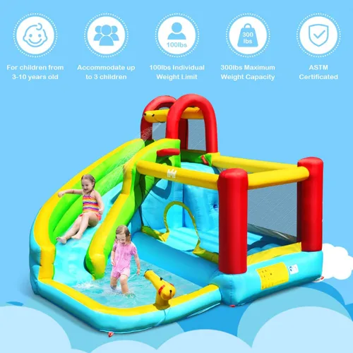 Miniatura 3 de HONEY JOY Tobogán acuático inflable y casa de rebote con piscina de chapoteo, pared de escalada, tobogán acuático inflable para interiores