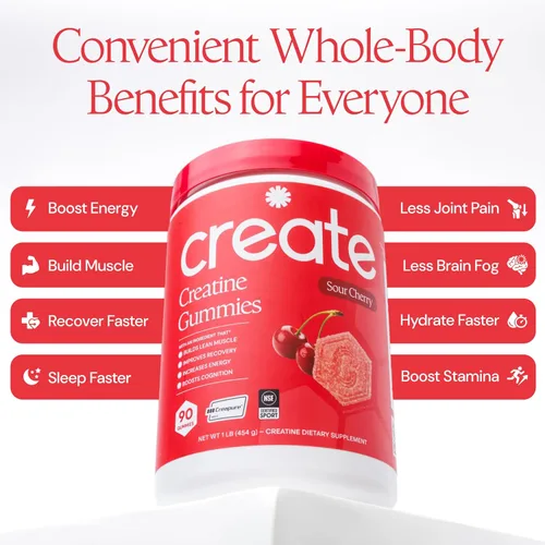 Miniatura 4 de Create - Gomitas de creatina monohidratada con 1.5 g de creatina por gomita para fuerza muscular, resistencia, recuperación y concentración