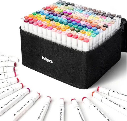 Marcadores de alcohol de 168 colores, juego de marcadores artísticos de doble punta con puntas finas y de cincel para colorear, dibujar y dibujar