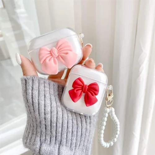 Miniatura 4 de Funda transparente compatible con AirPods 1 y 2, hermoso diseño de lazo colorido con pulsera de perlas de lujo, ultrafina, funda protectora de RosaA