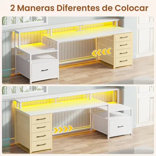 Miniatura 2 de SEDETA Escritorio blanco para computadora con 5 cajones y toma de corriente, escritorio de oficina en casa de 66 pulgadas con cajón de archivos