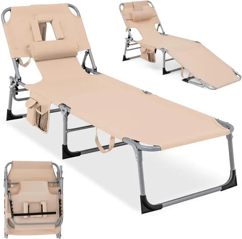 COSTWAY Silla de salón plegable de playa, silla de bronceado con agujero para la cara, respaldo ajustable de 5 posiciones, almohada y bolsillo