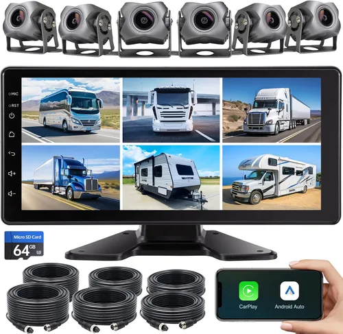 Cámara de tablero de 6 canales 1080P Sistema de cámara de respaldo con monitor de estacionamiento táctil de 10.33 pulgadas, cámara de respaldo de