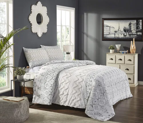 Miniatura 4 de Beatrice Home Fashions Agra - Juego de edredón de chenilla de algodón de 3 piezas, tamaño Queen, gris y blanco